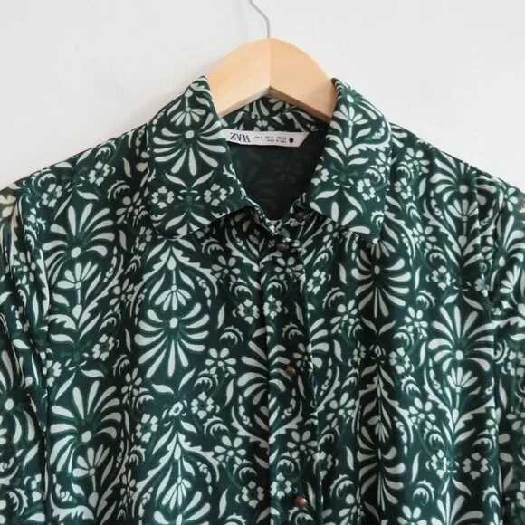 ZARA Sheer Leaf Print Belted Button Front Dress in Forest Green Boho - Size S - Picture 6 of 16